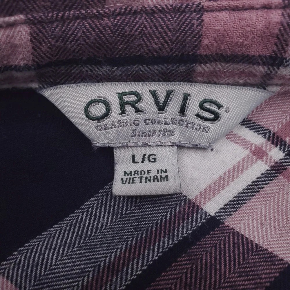 Orvis Shirt Womens Large Blue Pink Flannel Plaid Tartan Lightweight Camp Cabin
